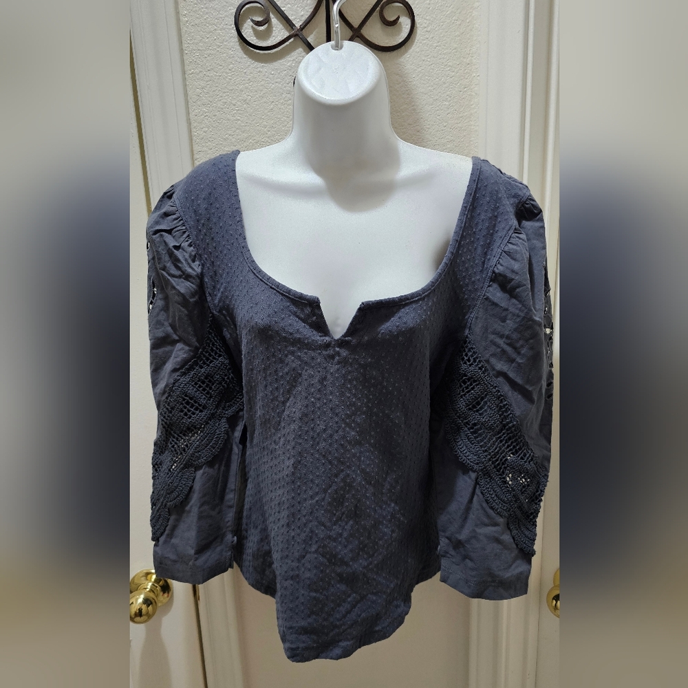 Free People Brunch Date Henley Top Grey Size Large EUC - Picture 3 of 9